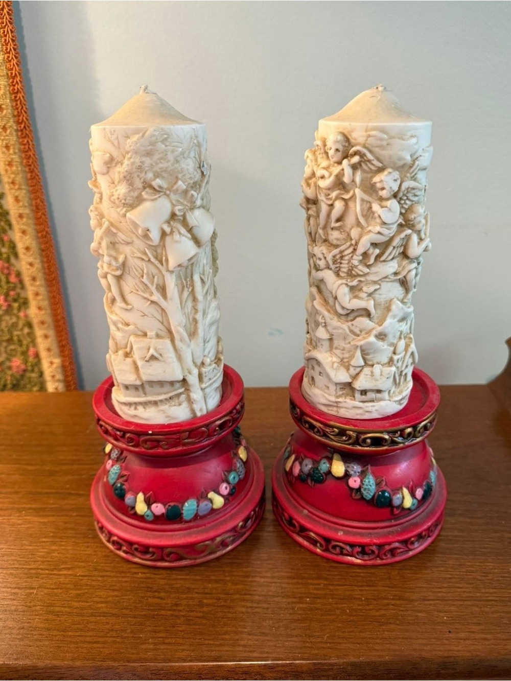 Vintage Ceramic Candle Holders With Carved Wax Candles. Pair EVC